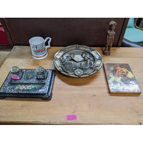 472 - A Victorian papiermache desk inkwell floral decorated with flowers and a butterfly, scattered inlaid... 