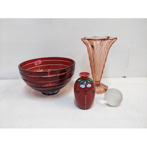 493 - Glassware to include a 1930's vase, a red glass bowl, an enamelled vase and a paperweight
Location: ... 