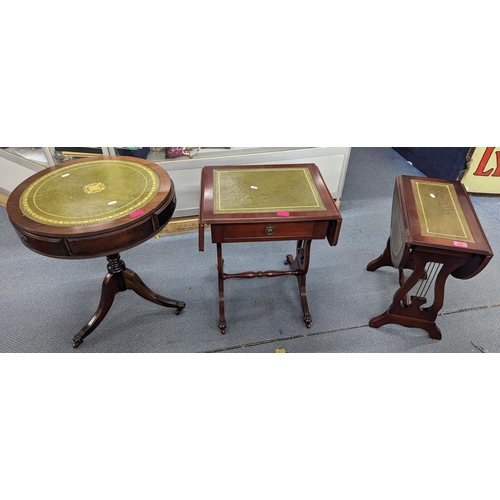 445 - Modern mahogany finished furniture to include two drop leaf tables and a drum table
Location: A3B