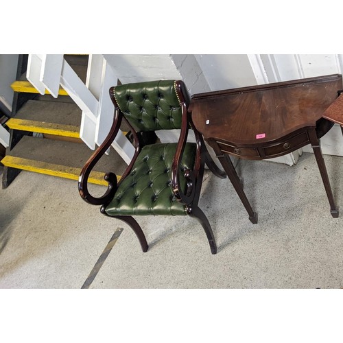 430 - Small furniture to include a late 20th century mahogany and green leather chair and a hall table 
Lo... 