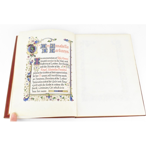 196 - An early 20th century tooled leather bound commemorative book, to honour the fifty year service of M... 