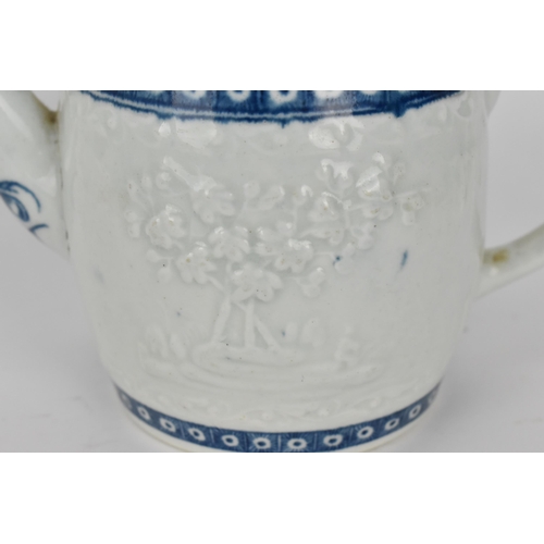 202 - A Worcester blue and white porcelain barrel shaped teapot, circa 1760, with flat cover surmounted wi... 