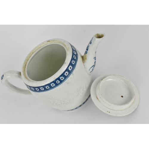 202 - A Worcester blue and white porcelain barrel shaped teapot, circa 1760, with flat cover surmounted wi... 