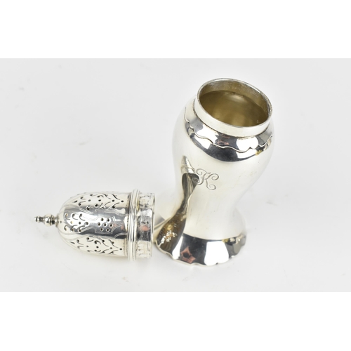 221 - A George V silver sugar sifter by Elkington & Co, Birmingham 1931, of baluster form with knopped fin... 