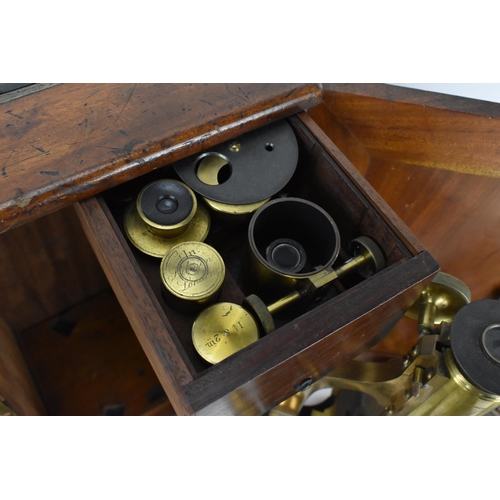 246 - A 19th century brass microscope by Salmon (100 Fenchurch St., London) in a mahogany box with brass f... 