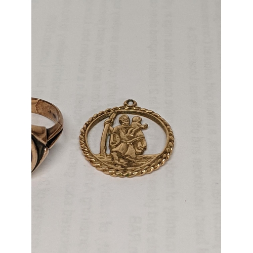 12 - A 9ct gold gents signet ring together with a 9ct gold St Christopher pendant, total weight 6.6g
Loca... 