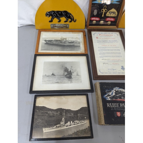 205 - A collection of WWII Polish related items to include photographs, medals, badges and a certificate f... 