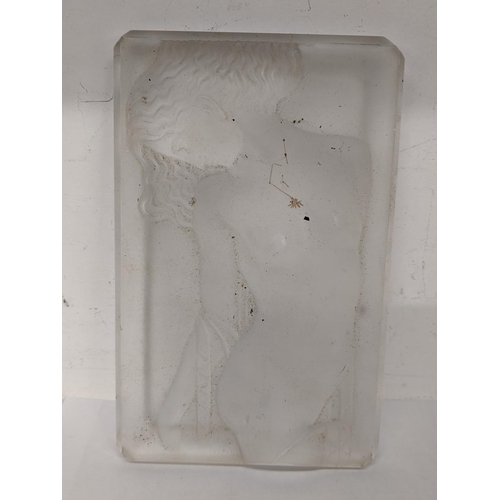 22 - A frosted glass panel depicting a nude female engraved 'R.Lalique' to the side, 14cm x 9cm
Location:... 