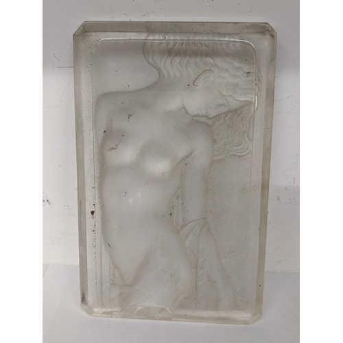 22 - A frosted glass panel depicting a nude female engraved 'R.Lalique' to the side, 14cm x 9cm
Location:... 