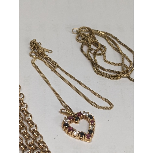 54 - A mixed lot of 9ct gold jewellery to include a gold link chain, a 9ct gold heart shaped pendant set ... 