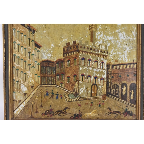 206 - Continental School, 20th century
depicting an architectural street scene with horse pulled carriages... 