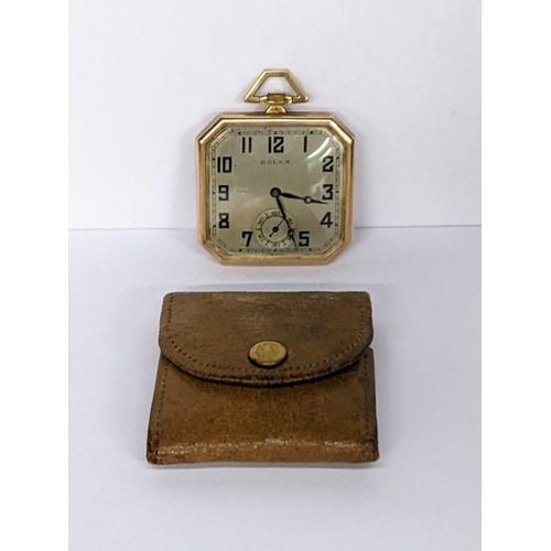 81 - A Rolex 9ct gold, open faced pocket watch having a silvered dial, signed Rolex, with blued hands, Ar... 