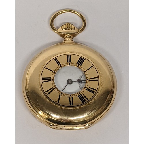84 - A very fine quality circa 1900 gold half hunter pocket watch having a white enamel dial with Roman n... 