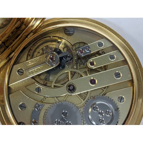 84 - A very fine quality circa 1900 gold half hunter pocket watch having a white enamel dial with Roman n... 