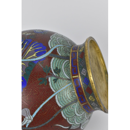 19 - A Chinese cloisonne archaic style 'flower' baluster vase, early 20th century, with twin brass mask h... 