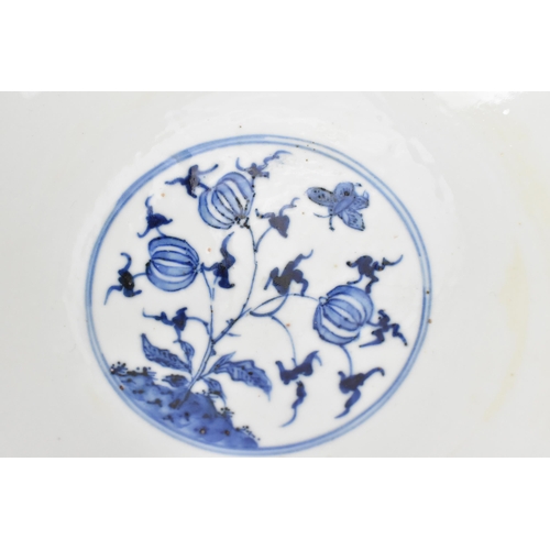 2 - A Chinese Qing dynasty blue and white porcelain bowl, 18th century, with butterfly and melon design ... 