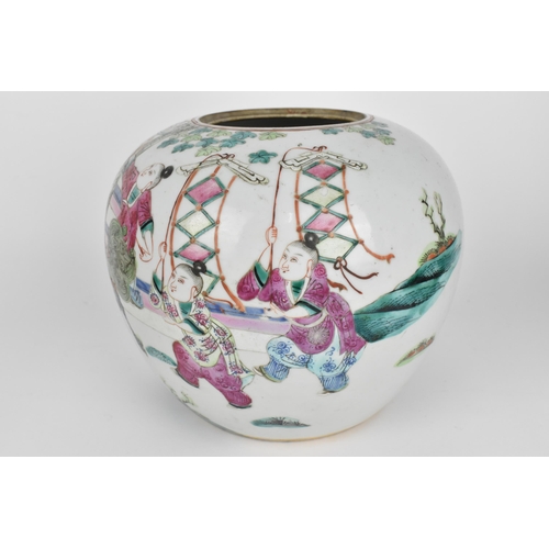 21 - A Chinese Qing dynasty Famille Rose ginger jar, 19th century, with enamelled figural scene depicting... 