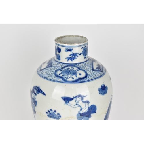 22 - A Chinese Qing dynasty blue and white baluster vase, 19th century, with various figures on a white g... 