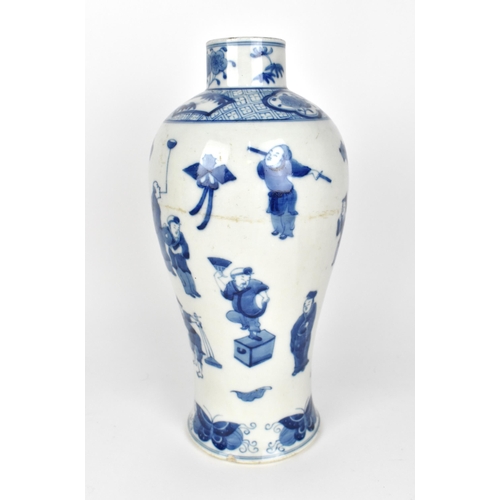 22 - A Chinese Qing dynasty blue and white baluster vase, 19th century, with various figures on a white g... 