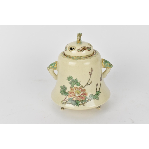 52 - A Japanese late Meiji period koro or hibachi, of bell shape with painted detailed peonies embellishe... 