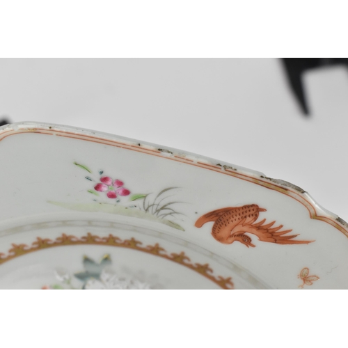 7 - Two Chinese Qianlong period Famille Rose porcelain dishes, 18th century, one oval dish with two bird... 