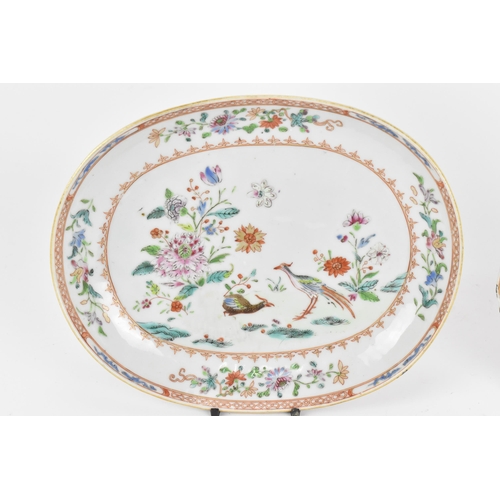 7 - Two Chinese Qianlong period Famille Rose porcelain dishes, 18th century, one oval dish with two bird... 