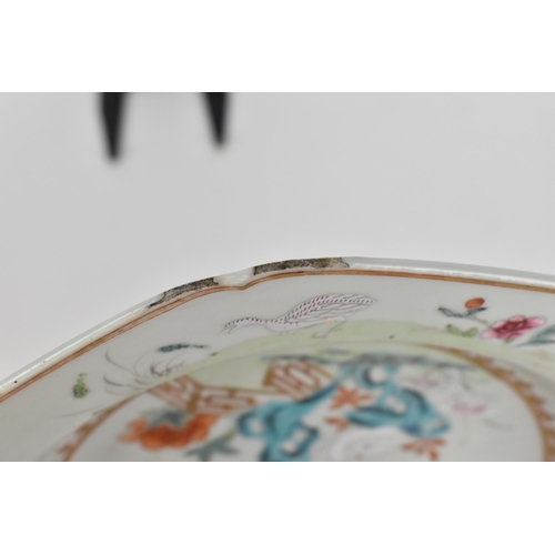 7 - Two Chinese Qianlong period Famille Rose porcelain dishes, 18th century, one oval dish with two bird... 