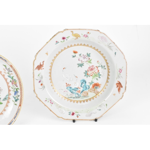 7 - Two Chinese Qianlong period Famille Rose porcelain dishes, 18th century, one oval dish with two bird... 