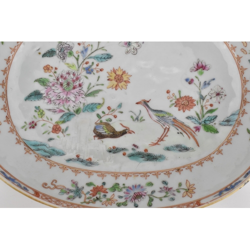 7 - Two Chinese Qianlong period Famille Rose porcelain dishes, 18th century, one oval dish with two bird... 