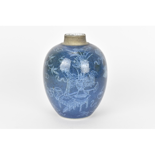 9 - A Chinese Qing dynasty porcelain vase, possibly Kangxi (1662-1722), designed with powder blue surfac... 