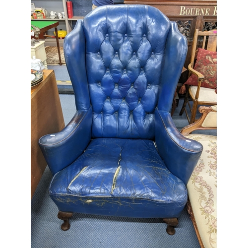 10 - A mid 20th century Queen Anne style blue leather button back upholstered wing back armchair Location... 