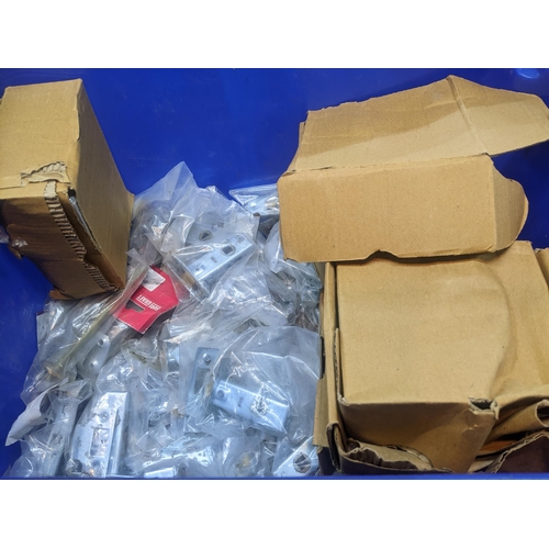 106 - A box of brass door handles with back plates, some with lock others missing, latches and a letter bo... 