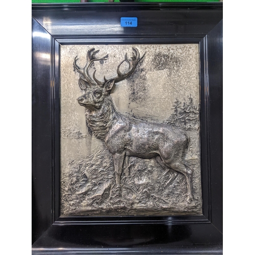 114 - Fritz Diller (1875-1945) - a silver plated relief plaque depicting a stag in a landscape with trees ... 