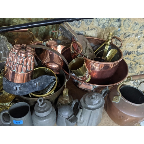 222 - A large quantity of Victorian and later copper, brass, pewter and other metalware to include a coppe... 