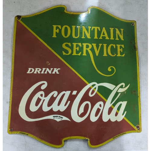 4 - A late 20th century 'Drink Coca-Cola Fountain Service' enamel advertising sign 64.5cm h x 58.5cm w L... 