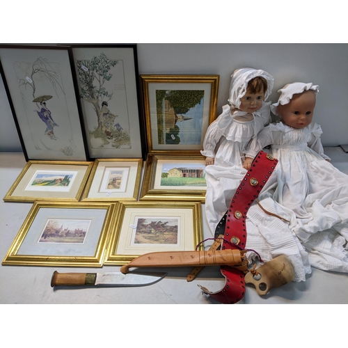 50 - A mixed lot to include two dolls, pictures to include two tapestries, dagger and other items
Locatio... 