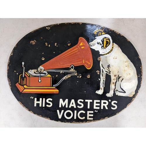 7 - A late 20th century double-sided 'His Master's Voice' enamel advertising sign 45.5cm h x 61cm w Loca... 