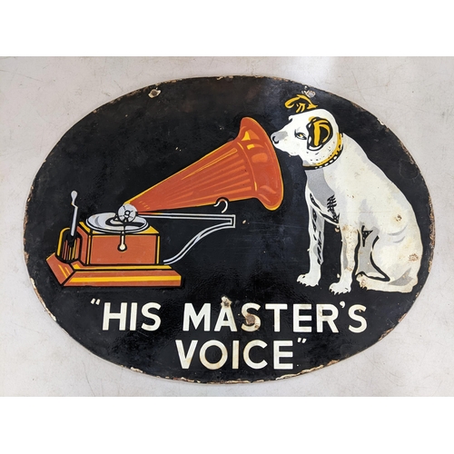 7 - A late 20th century double-sided 'His Master's Voice' enamel advertising sign 45.5cm h x 61cm w Loca... 