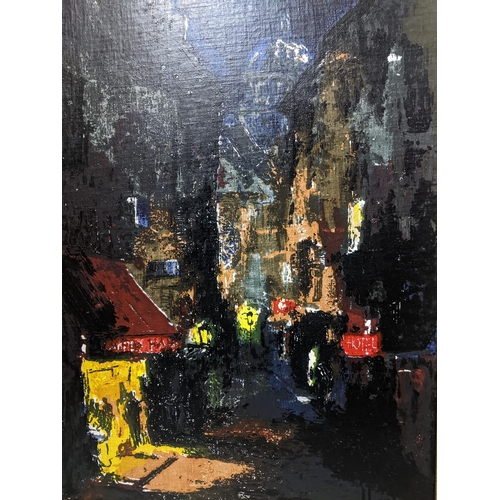 91 - A mid-century oil on board depicting a Continental street/hotel scene, unsigned, possibly French, 66... 