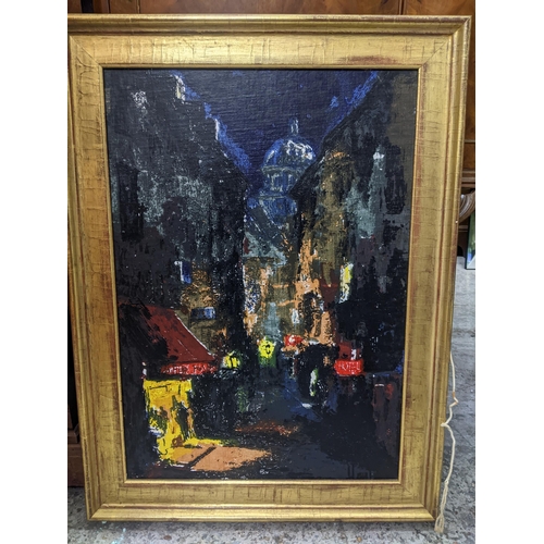 91 - A mid-century oil on board depicting a Continental street/hotel scene, unsigned, possibly French, 66... 