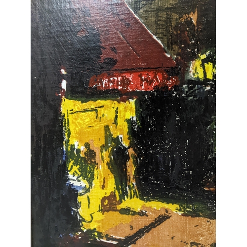 91 - A mid-century oil on board depicting a Continental street/hotel scene, unsigned, possibly French, 66... 