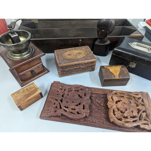 97 - A group of treen items to include an oak book-slide, coffee grinder and mixed boxes-
Location:RWM