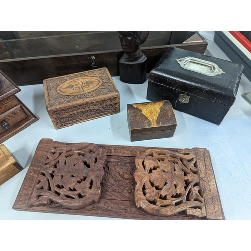 97 - A group of treen items to include an oak book-slide, coffee grinder and mixed boxes-
Location:RWM