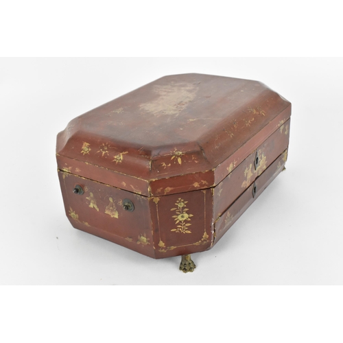 104 - A 19th century Chinese export red and gilt lacquer sewing box,  decorated with Chinese figures and f... 