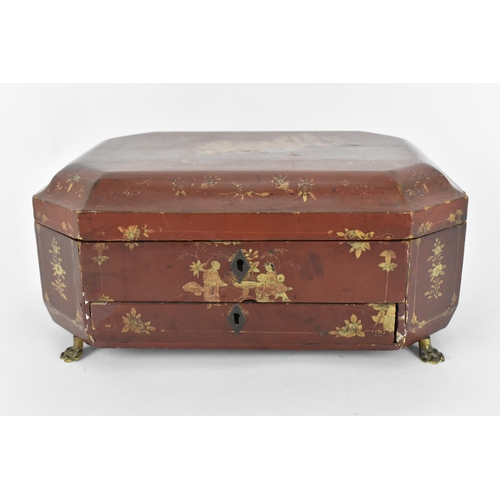 104 - A 19th century Chinese export red and gilt lacquer sewing box,  decorated with Chinese figures and f... 