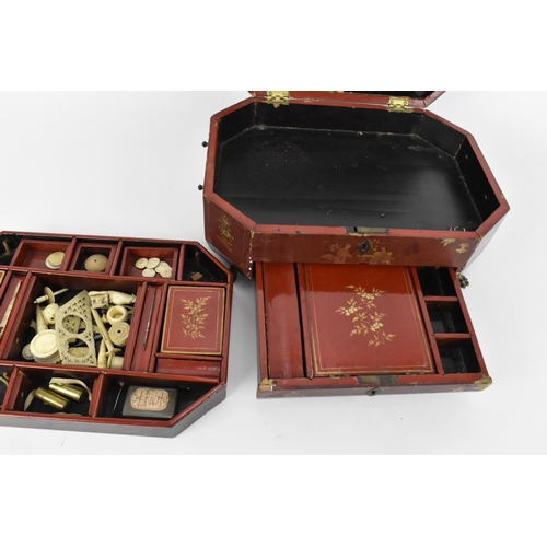 104 - A 19th century Chinese export red and gilt lacquer sewing box,  decorated with Chinese figures and f... 