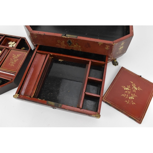 104 - A 19th century Chinese export red and gilt lacquer sewing box,  decorated with Chinese figures and f... 