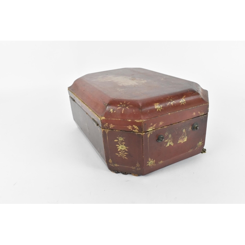 104 - A 19th century Chinese export red and gilt lacquer sewing box,  decorated with Chinese figures and f... 