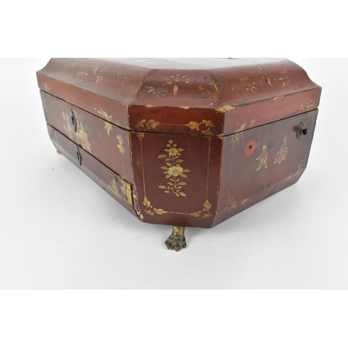 104 - A 19th century Chinese export red and gilt lacquer sewing box,  decorated with Chinese figures and f... 