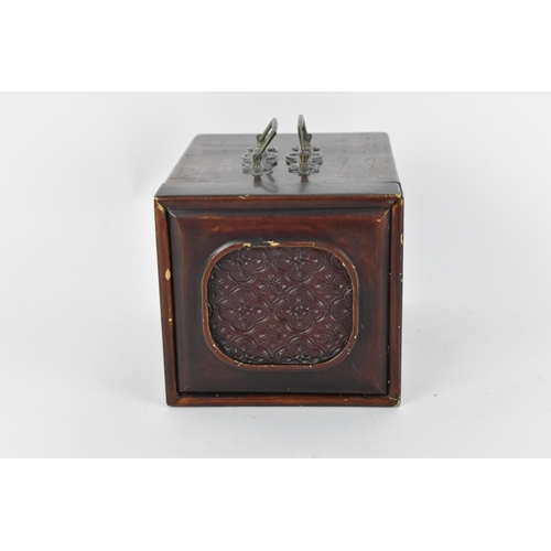 113 - A small Chinese early 20th century travel box, with pierced brass double swing handles to the top, t... 